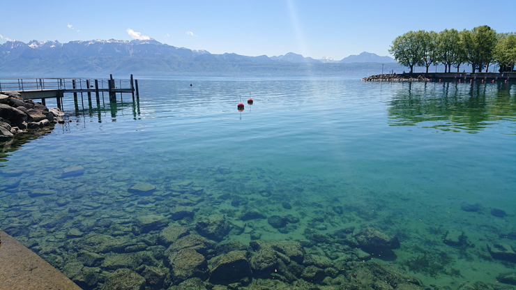El puerto, el increible lago Lemán y las montañas de fondo